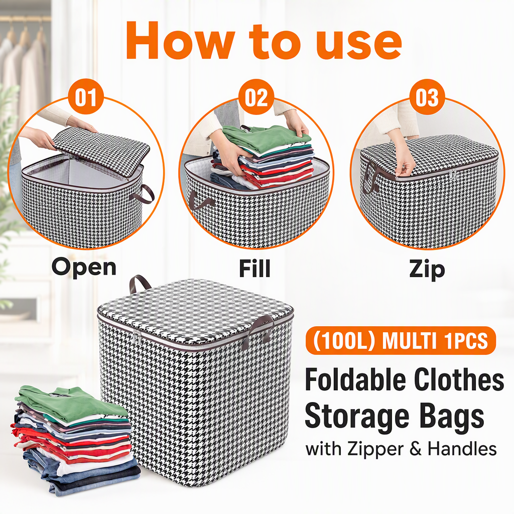 (100L) MULTI 1PCS Foldable Clothes Storage Bags with Zipper & Handles – steps
