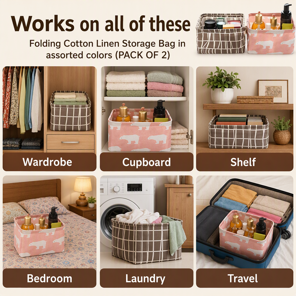 Folding Cotton Linen Storage Bag in assorted colors (PACK OF 2) – places