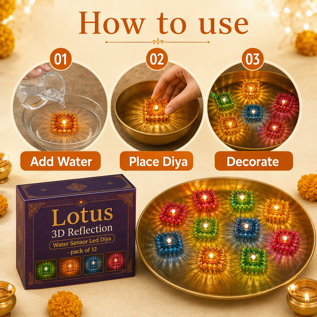 Lotus 3D Reflection Water Sensor Led Diya - pack of 12 – steps