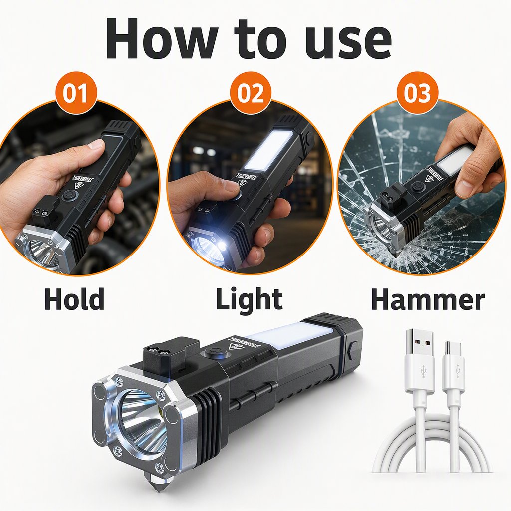 Multifunctional Work Portable Hammer LED Flashlight – steps