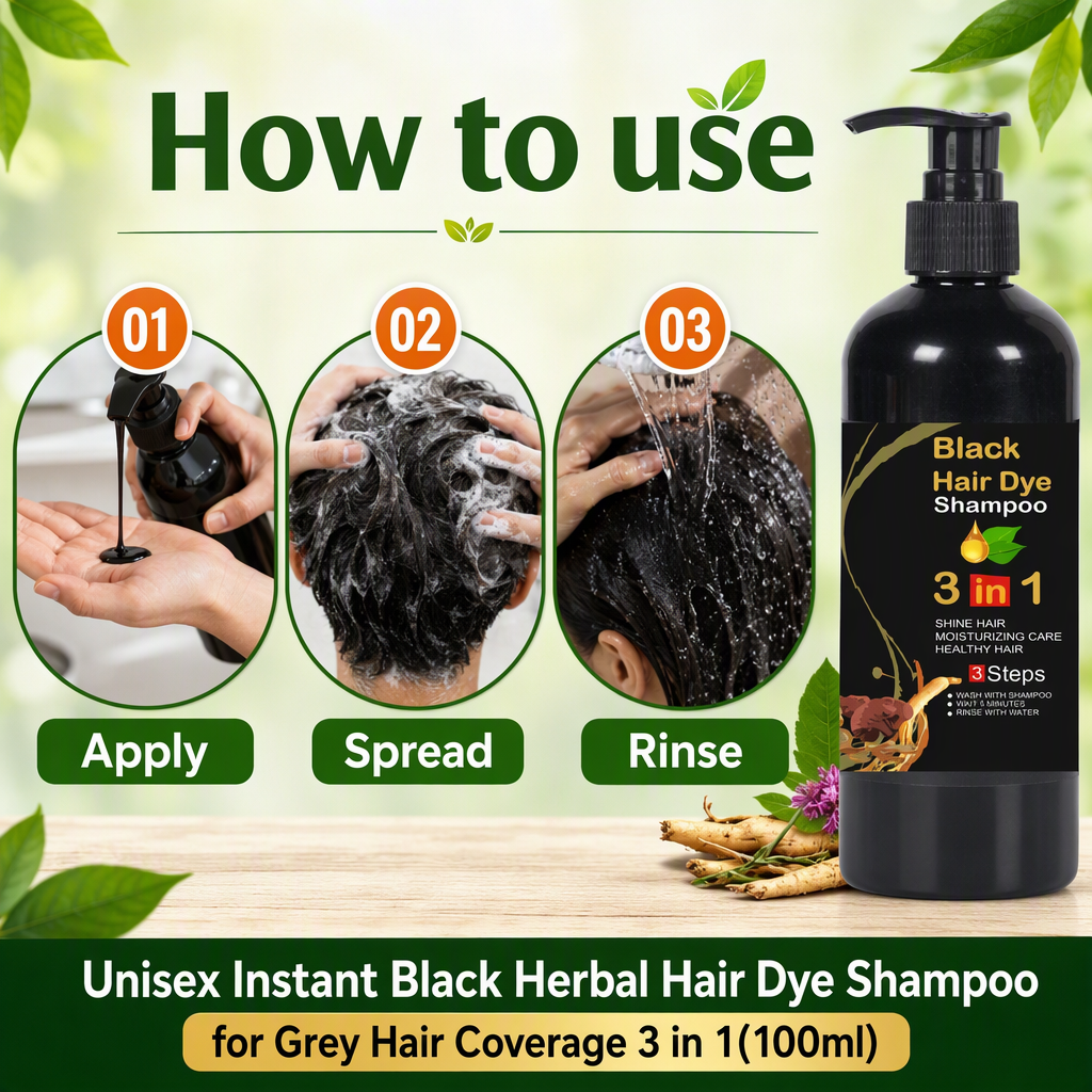 Unisex Instant Black Herbal Hair Dye Shampoo for Grey Hair Coverage 3 in 1(100ml) – steps