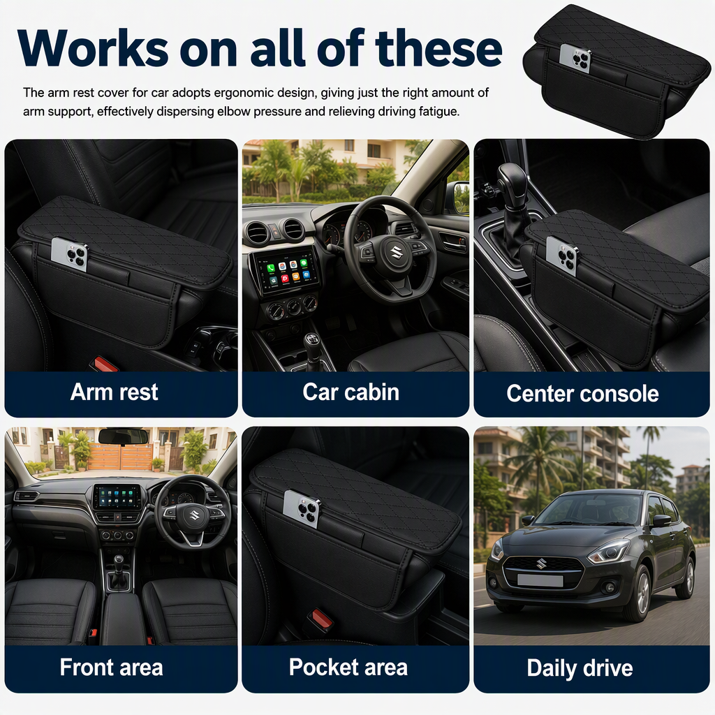 Vehicle Arm Rest Cushion Mat with Storage Pocket For Maru]ti Suzki Swift Color 7D Black – places