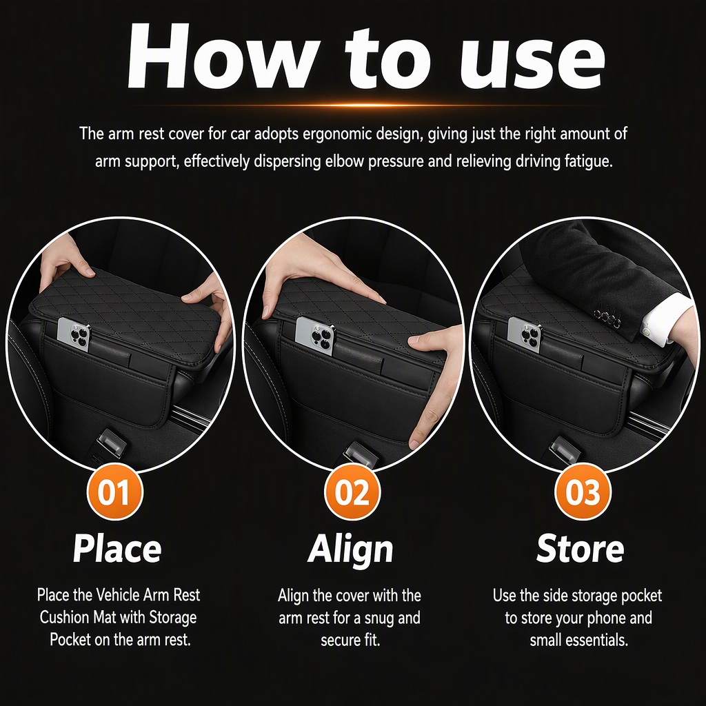 Vehicle Arm Rest Cushion Mat with Storage Pocket For Maru]ti Suzki Swift Color 7D Black – steps